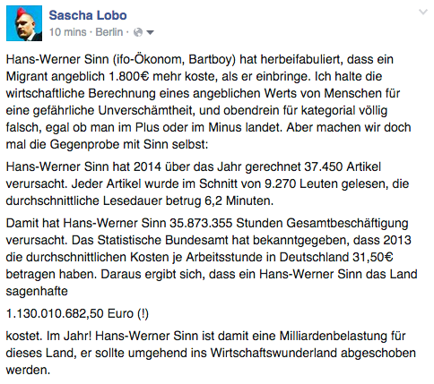 saschalobo's tweet photo. Neue Berechnungen ergeben: Hans-Werner Sinn (ifo-Ökonom) ist eine untragbare Milliardenbelastung für das Land! http://t.co/MsLoM60F2r
