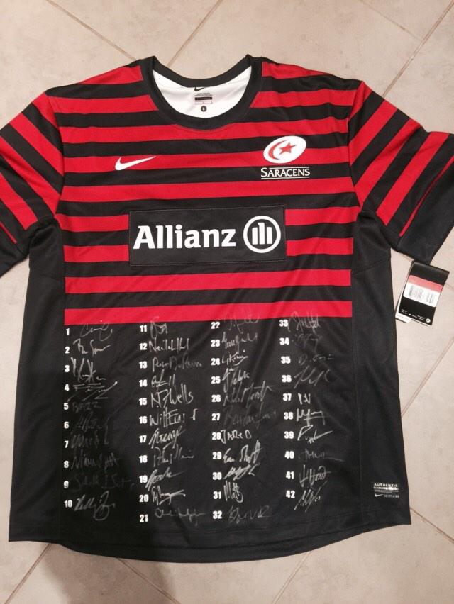 Too much to pack for our move to SA so I'm giving this one away. RT to win this squad signed <a href="/Saracens/">Saracens Rugby Club</a> shirt.