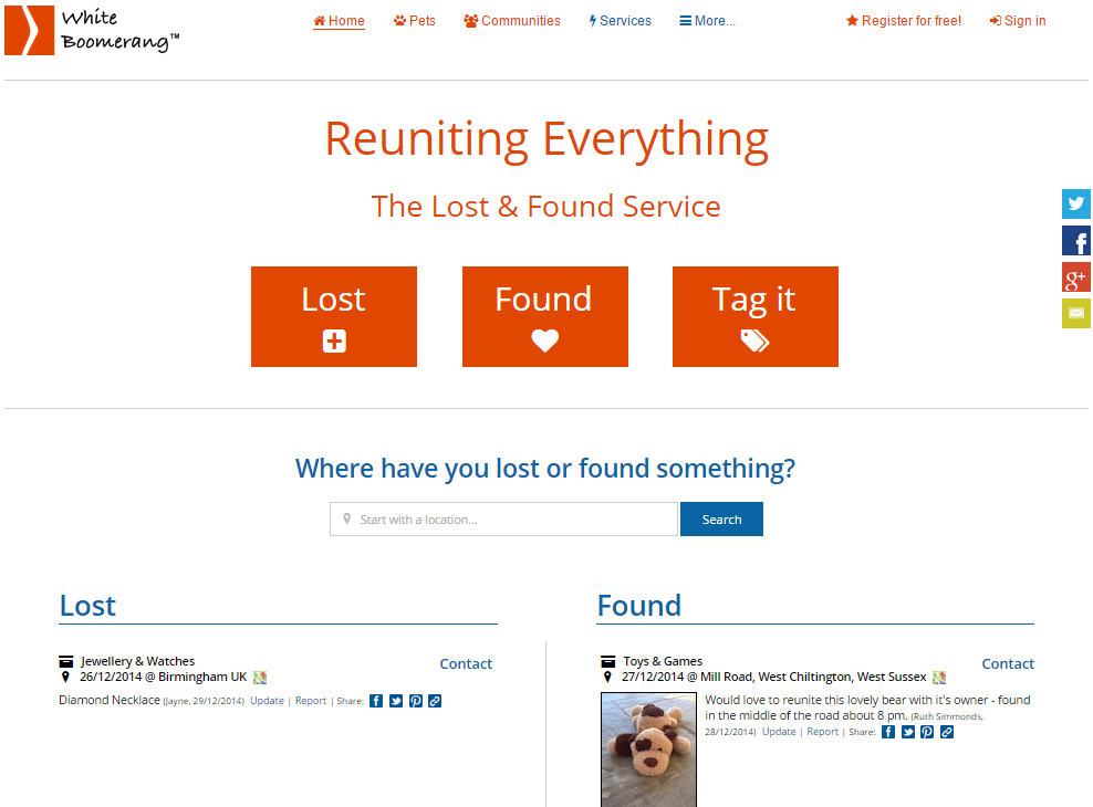 whiteboomerang's tweet photo. Lost &amp; Found has a new look! https://t.co/EPW25cmmvj for lost property and pets. #lostandfound #startup http://t.co/OtuGgcCftu