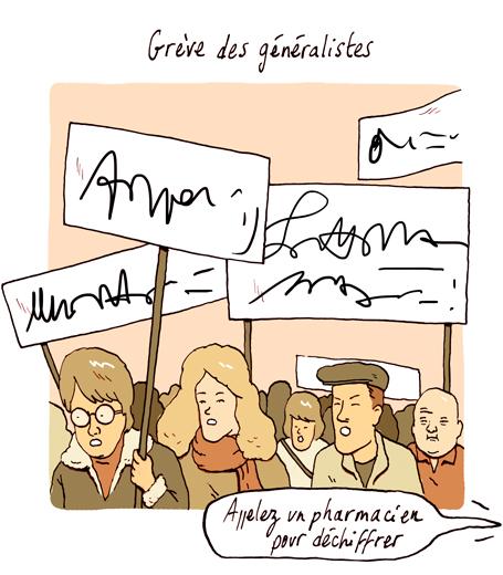 Telerama's tweet photo. Les médecins manifestent. Contre quoi ? Eux seuls le savent... Dessin du jour par Co3points : http://t.co/bMgmJo2ufk