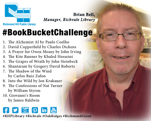 RichmondHillPL's tweet photo. A fantastic selection from Brian Bell, Manager of Richvale Library. He takes on the #BookBucketChallenge @paulocoelho http://t.co/7UKyTDvqZD