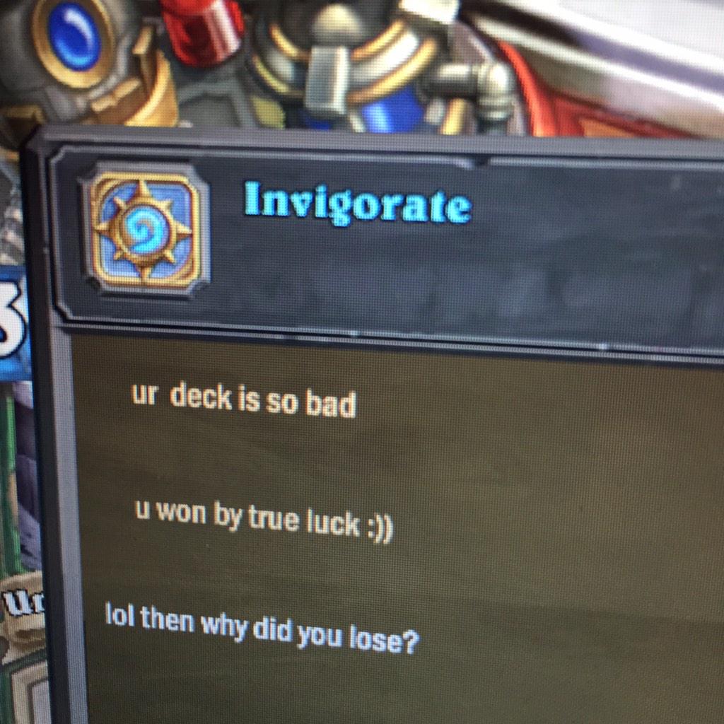 Jebailey's tweet photo. Sniff, my First Salty Hate message in #Hearthstone. he friended me just to write me then unfriended me lol http://t.co/v0Z5o81Tqy