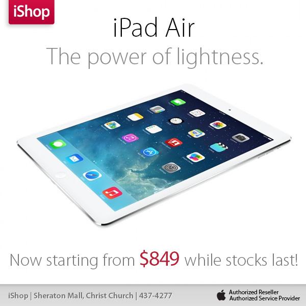 iShopBarbados's tweet photo. iPad Air now starting from $849.00 while stocks last! #iShopbarbados http://t.co/ibpkhtnXnP