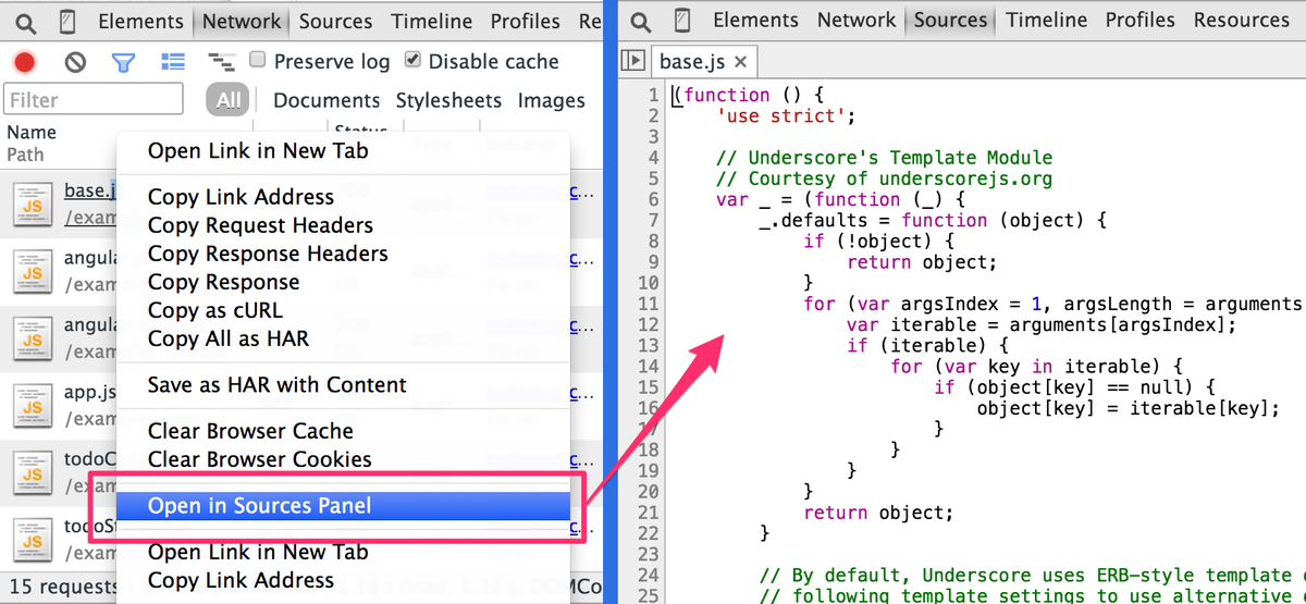 addyosmani's tweet photo. New in Canary DevTools: Right-click files in Network panel ➔ "Open in Sources Panel" to quickly view source/edit: http://t.co/cMA0WNOsF9