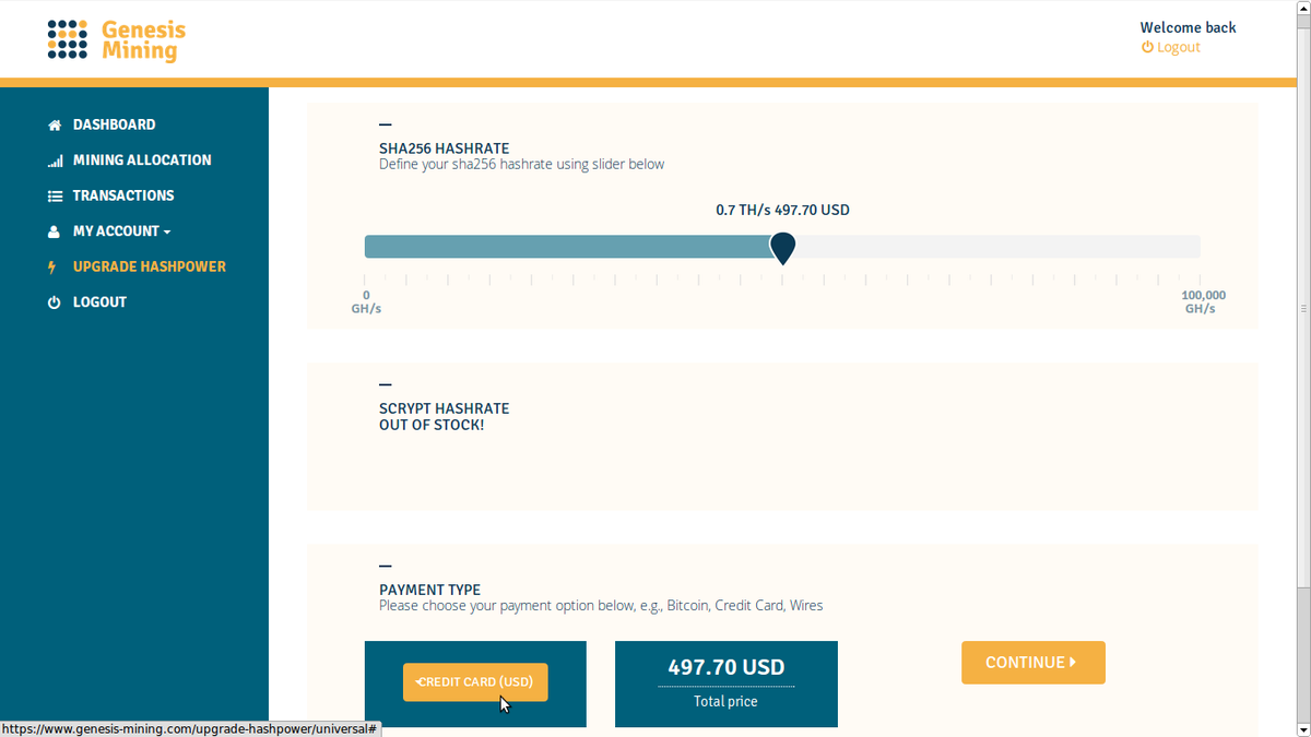 CloudBTCMining's tweet photo. Genesis Mining now accepts Credit Card payments up to $500 a day! That is 700GH/s with the 3% discount code MbEI5O ;) http://t.co/OD4wRbKiYs
