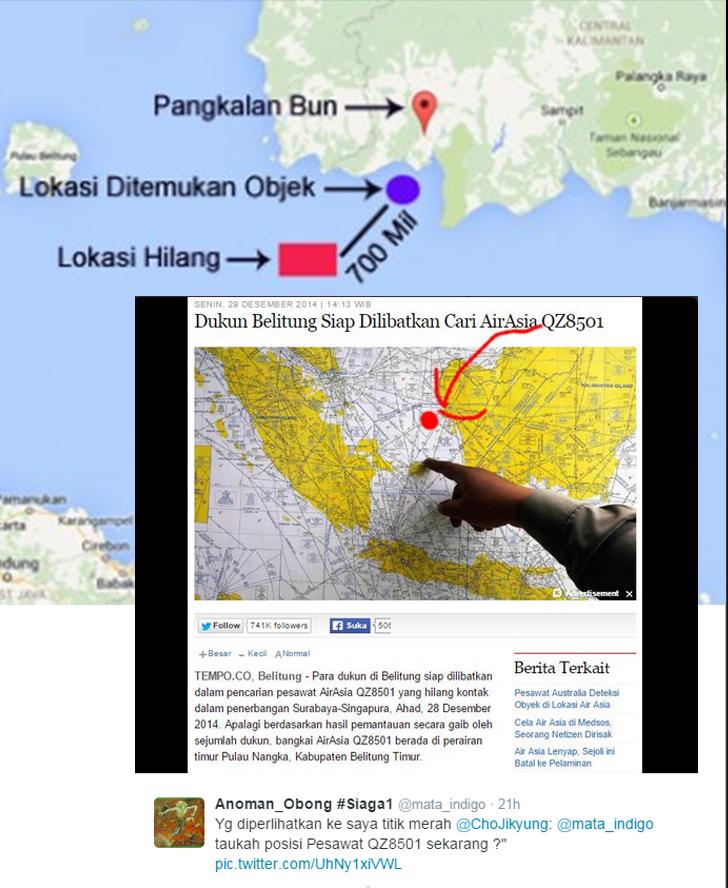  Akun @mata_indigo menunjukkan posisi jatuhnya pesawat Air Asia QZ8501 pada hari Senin (29/12/2014) lalu