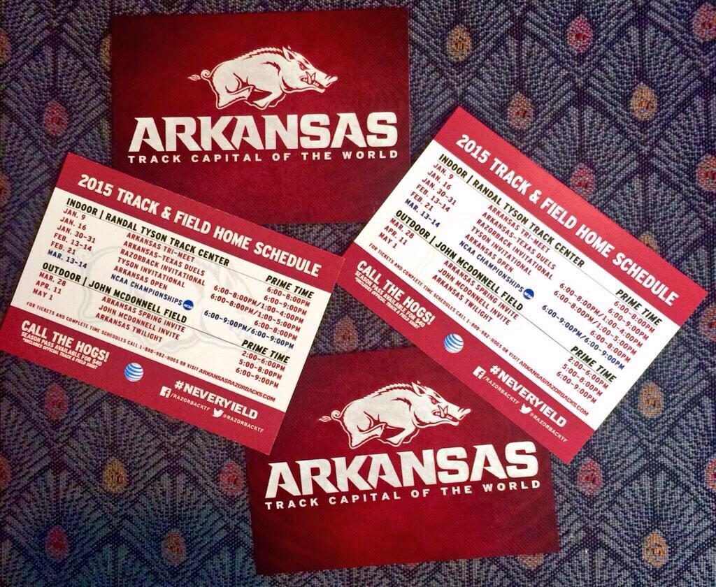 TrackTravis's tweet photo. Hogs Vs. Horns duel track meet Fri January 16th. 6-9pm.Tyson Track Center. #trackcapital @ArkRazorbacks @RazorbackTF http://t.co/hs5ODv12Rr