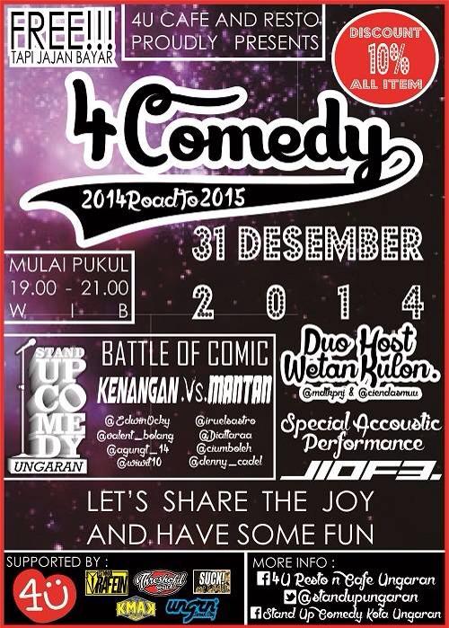 wisatasemarang's tweet photo. #smgevent @standupungaran: #4Comedy #BattleOfComic by #ComicUngaran 31Des,19:00 at 4U Resto. info lengkap cek favorit http://t.co/q0aGUvlsiJ