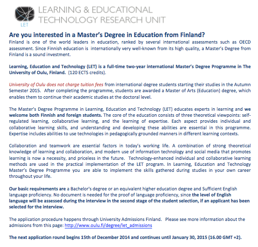 LET_Oulu's tweet photo. Are you interested in a Master’s Degree Programme in Learning, Education and Technology (LET) from Finland? Apply NOW http://t.co/QI5U5HNfnd
