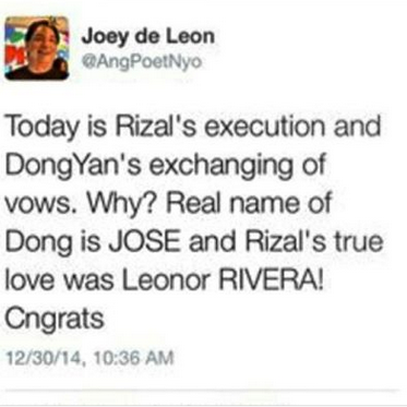 boompanotdotcom's tweet photo. Alam nyo ba kung bakit araw ng pagkamatay ni Rizal ang kasal Ni Marian Rivera ar Ding DOng Dantes #DongYanWedding ? http://t.co/DYMM16sTZw
