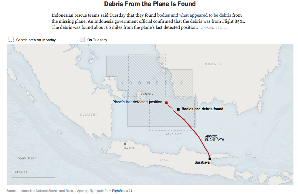 Map of AirAsia Flight 8501, and location of initial debris (credit: New York Times)