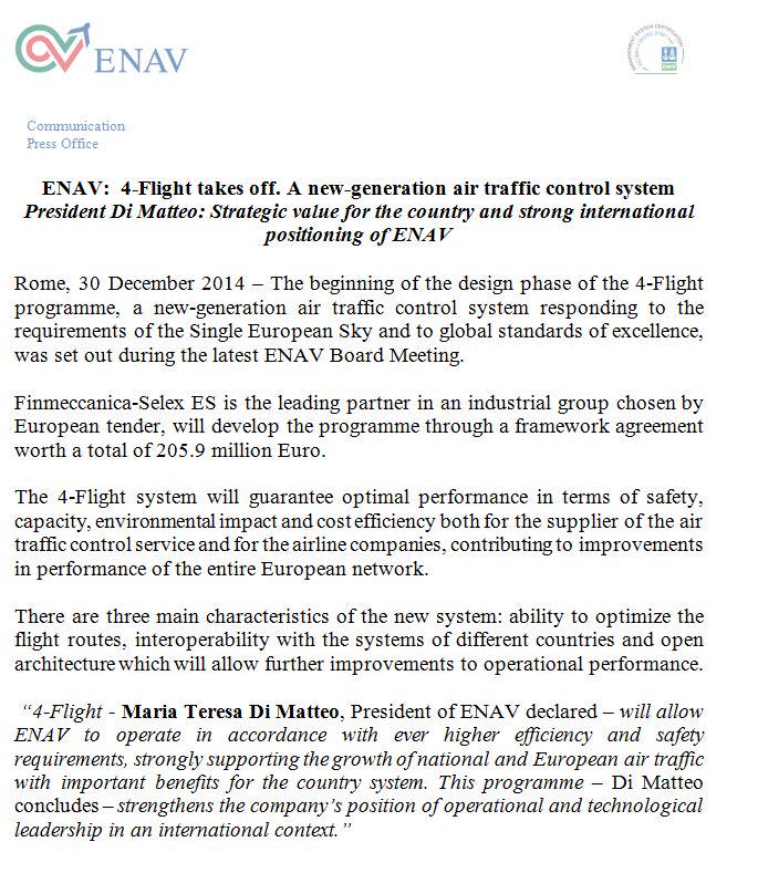 ENAVSpA's tweet photo. Press release @ENAVSpA - 4-Flight takes off. A new-generation air traffic control system http://t.co/etTKUB8EwZ