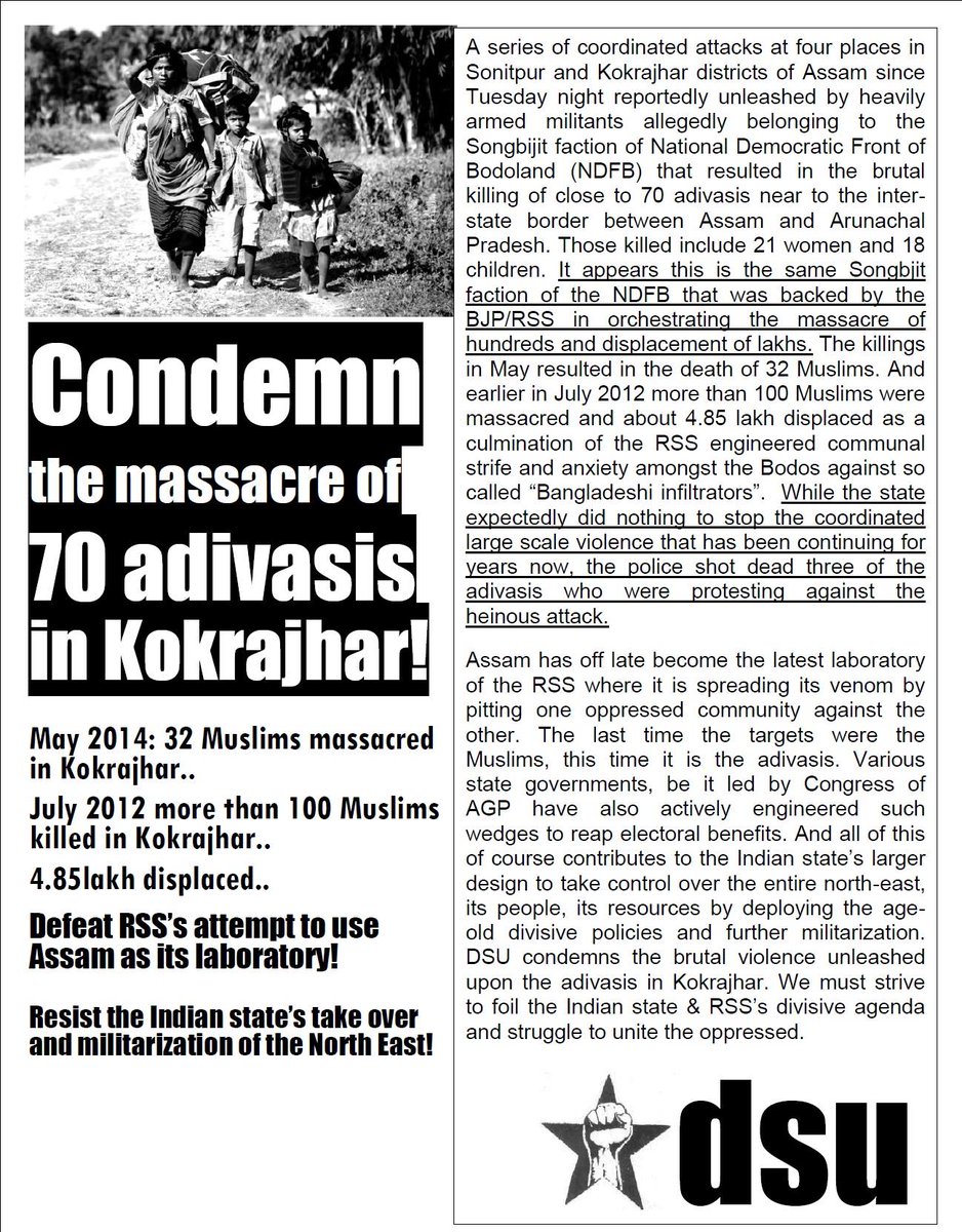 dsu_jnu's tweet photo. DSU's position on the Kokrajhar massacre http://t.co/q8IcmtN5oF