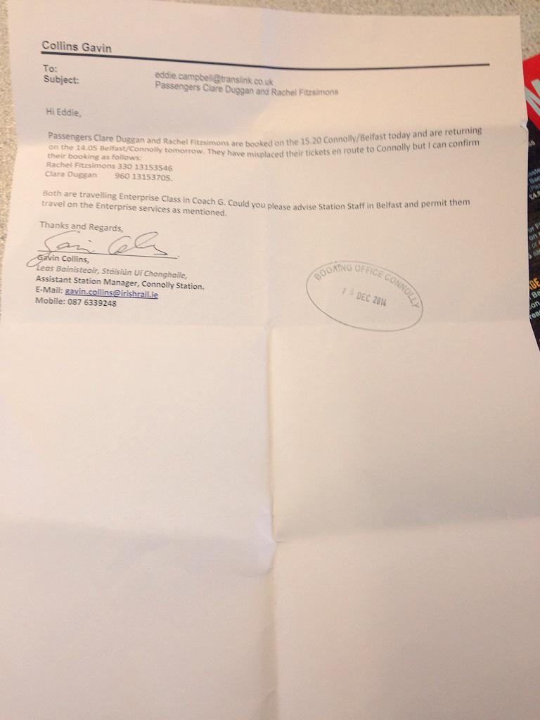 momma_fitz's tweet photo. @IrishRail Many thanks for the help of the Connolly and Enterprise staff who got us to Belfast #LostTickets #legends http://t.co/rbwhZR10Ft