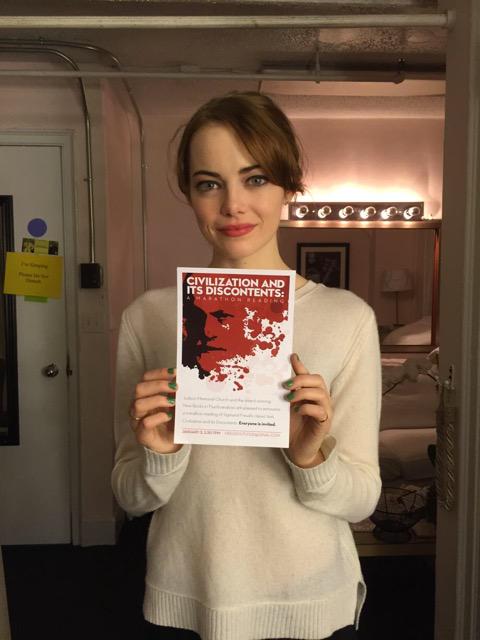 tracedoris's tweet photo. Emma Stone loves Freud Marathon Reading of Civ and Discontents NYC 1/3 http://t.co/vFYhwzDuqE @FreudMusLondon http://t.co/zIcOVih1EH