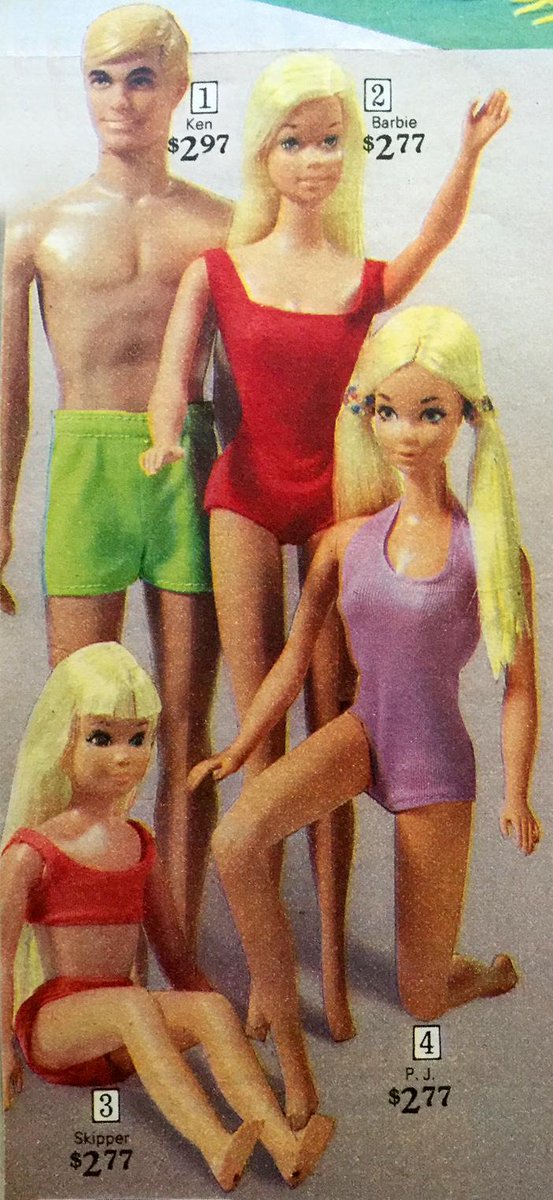 1975Sears's tweet photo. Page 442, Items 1 (Malibu Ken, $2.97), and 2-4 (Malibu Barbie, Skipper, PJ, $2.77). Ken's blond hair is molded. http://t.co/nLPY21vD0t