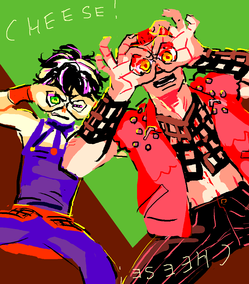 #フォロワーさんのイラストを自分の絵柄でリメイクする
トミサーさん(@tomisa1)のナランチャ&ホルマジオを描かせていただきました!護チと暗チの中でも背が低い、小っちゃいもの同盟対決(?)。ポーズが可愛い過ぎます。