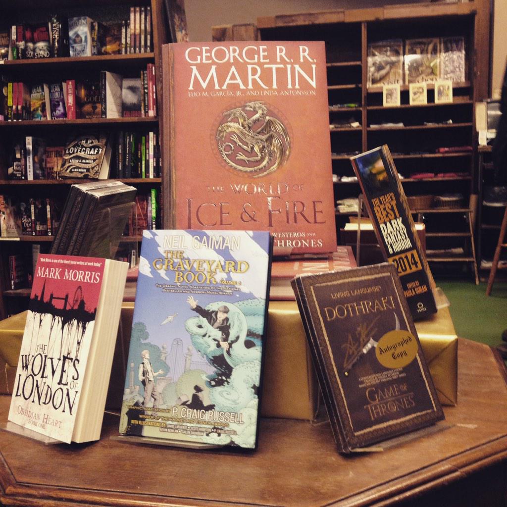 penguinrandom's tweet photo. Hey @GRRMspeaking & @livinglanguage, we spotted some #WOIAF & #LearnDothraki at @TatteredCover today! http://t.co/5deoQRSDHZ