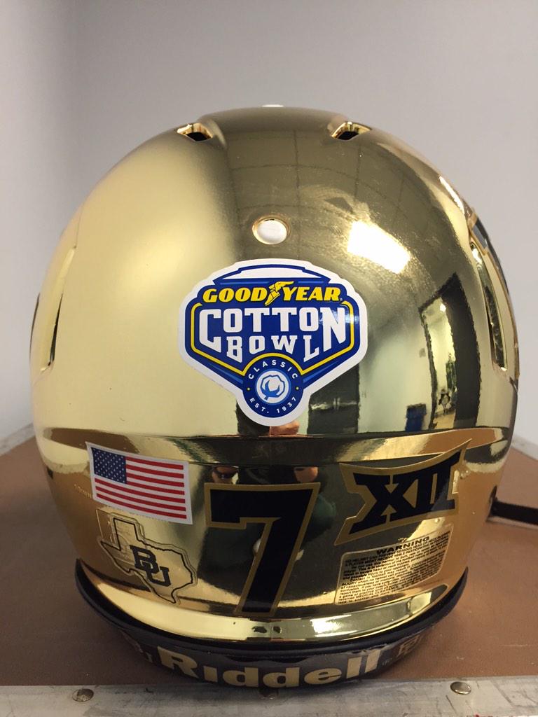 BUFootball's tweet photo. RT @JeffEquipBU: Here is a look at the @CottonBowlGame decal on the back of the helmets #NY6 #chromeinthedome #SicMSU http://t.co/2a90M2xuOX