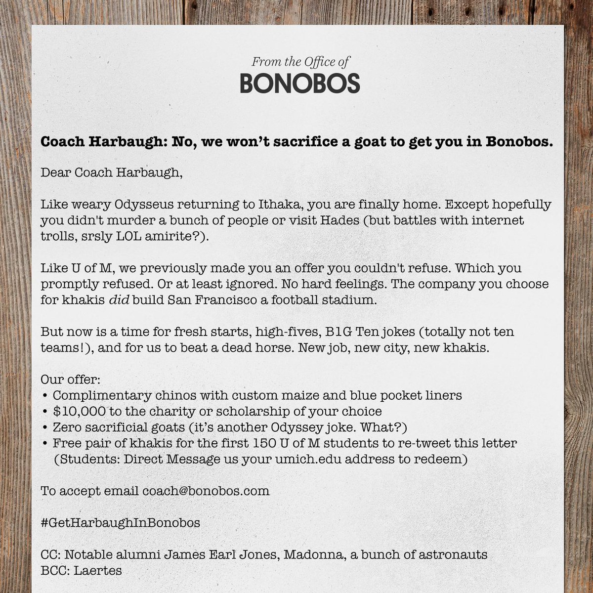 Bonobos's tweet photo. @tacobell Looking to spread the word to #GetHarbaughInBonobos. Promise we will buy a taco twelve pack for an RT. http://t.co/7bsJ0CKtSM