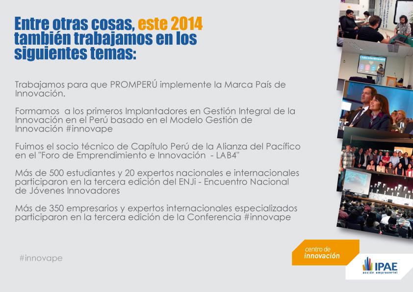 IPAE_Innova's tweet photo. [RESUMEN 2014] Entre otras cosas, este 2014 también trabajos en estos temas #innovape http://t.co/9zKFFjfZZZ