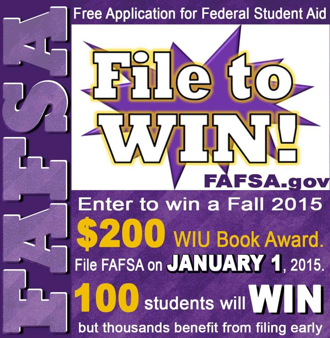 WIUAdmissions's tweet photo. #FileToWin ON Jan. 1!
100 #Leathernecks will win
$200 #WIU book award!
#FAFSA #FileFAFSA
#WIU19 #WIU18 #WIU17 #WIU16
http://t.co/OOCY643jV3