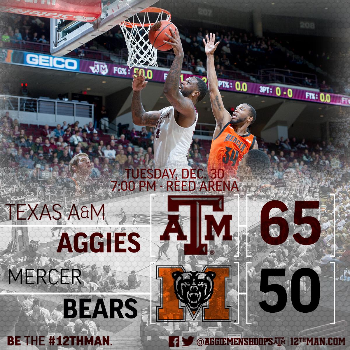 aggiembk's tweet photo. FINAL: Texas A&amp;M 65 - Mercer 50. Aggies back at Reed Arena on Saturday against Hartford at 4 pm #12thMan #AggieHoops http://t.co/lfZYJckEFw