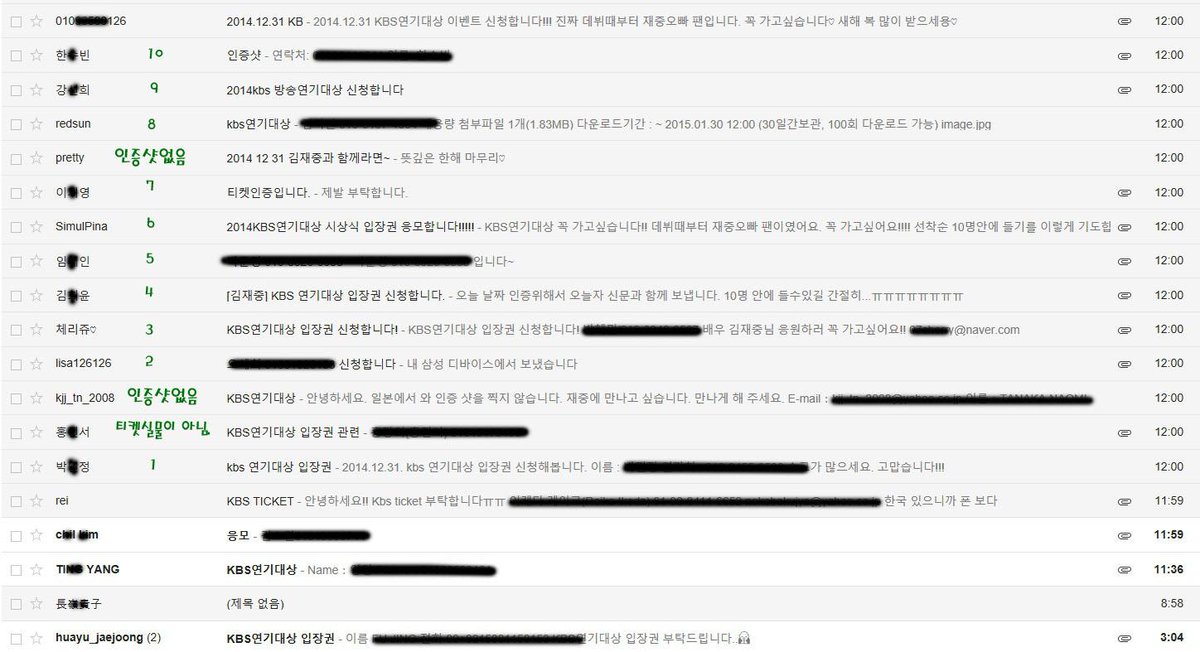 kbs연기대상 입장권당첨자입니다.입장권배부는 개인적으로 연락드리겠습니다.재중이 많이 응원해주시고 즐거운시간 보내시기바랍니다.