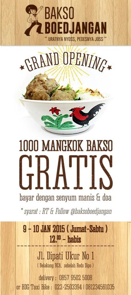 infobdg's tweet photo. GRATIS, 1000 Mangkok Bakso di Grand Opening Bakso Boedjangan 9-10 Jan. Follow &amp; RT @BaksoBoedjangan Bandung http://t.co/KyYDsKZYax