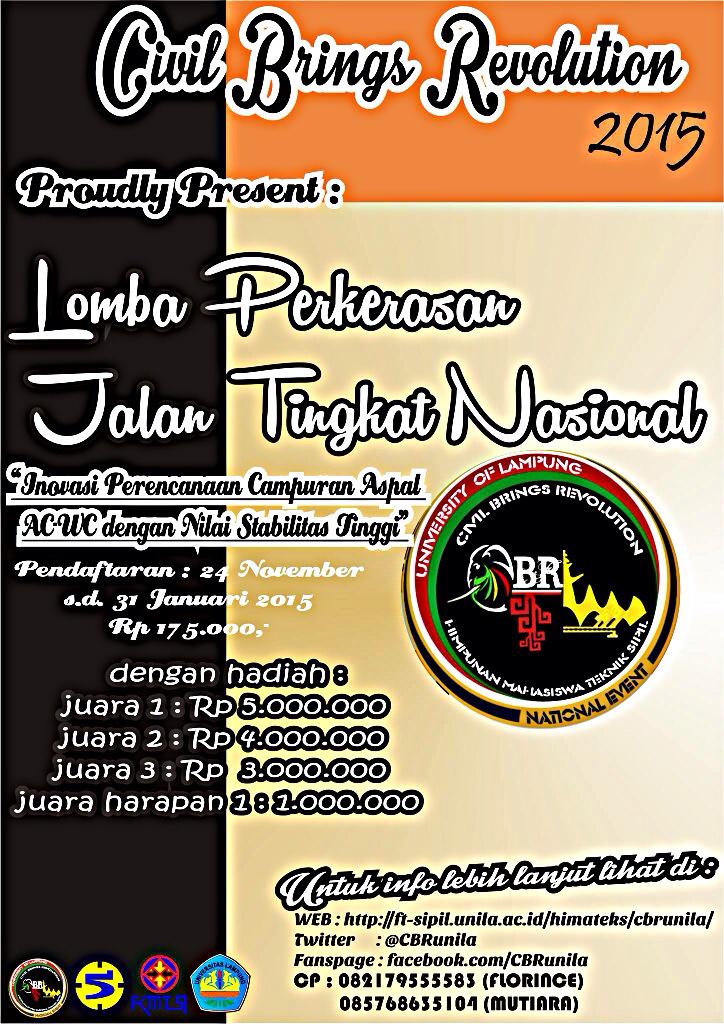 Join event Nasional Lomba Perkerasan Jalan Raya CBR 2015!!! ft-sipil.unila.ac.id/himateks/cbrun… <a href="/HMTS_STTST/">Teknik Sipil STTST</a>