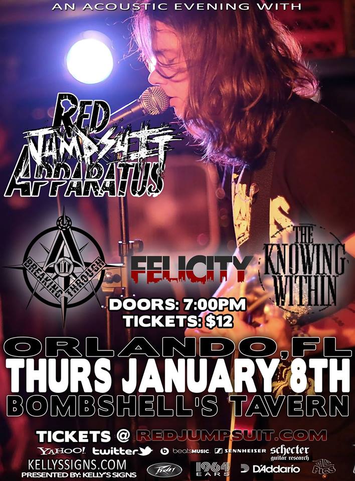 BookedPro's tweet photo. @TodaysOrlando 1/8 Come get acoustic w/ @redjumpsuit at @BombshellsOrl 
Limited tix available: http://t.co/YBhNXHHCHc http://t.co/Cmijz08MuM