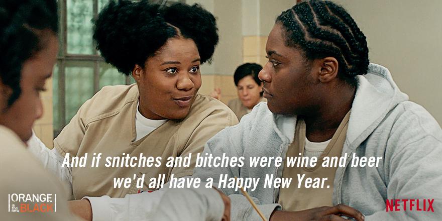 OITNB's tweet photo. Pour one out for 2014. Cheers to 2015! #OITNB http://t.co/VufD91tnGh