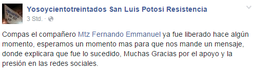 Rodrigo_Cornejo's tweet photo. #Alerta132: @F3rnandoMtz ya fue liberado. Se agradece la difusión, en cuanto haya más información la reproduciremos. http://t.co/f7kihGrztN