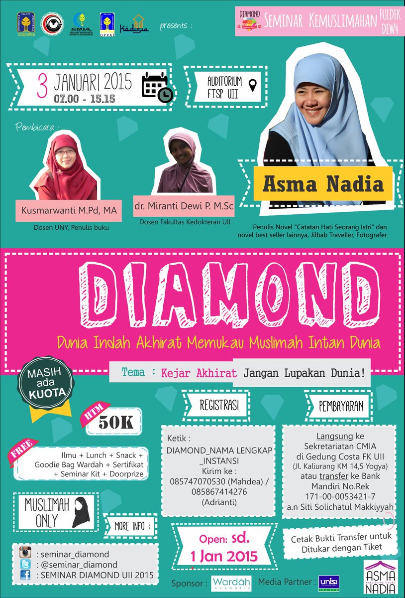Hari terakhir pendaftaran DIAMOND. Semus bersama <a href="/asmanadia/">Asma Nadia</a> :) Ayoo Jogja dan sekitarnya segera daftarkan dirimu :)