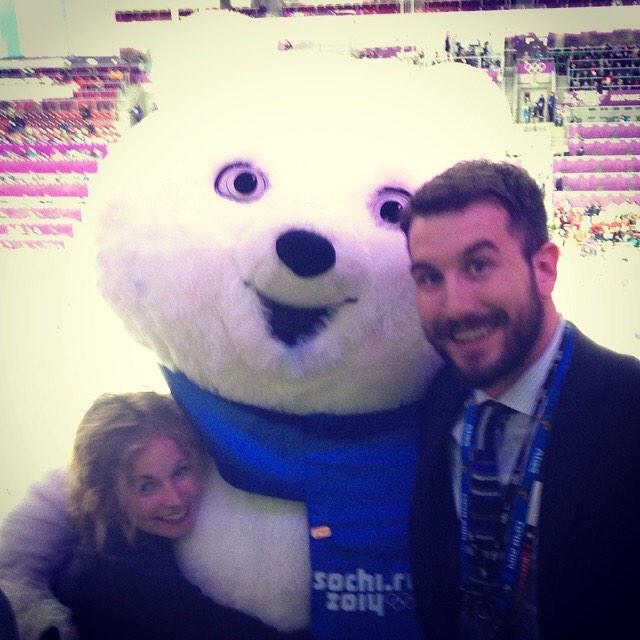 Ryan_M_Parker's tweet photo. .@melisashouldice, me & the crazy Sochi mascot bear at the Bolshoy Ice Dome at the Olympics. #favouritemomentsof2014 http://t.co/sMxReTvZoD
