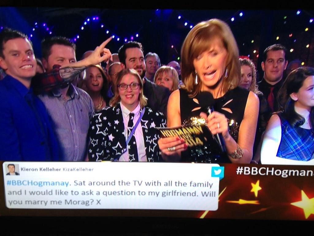 jennihogan's tweet image. Yay @KizaKelleher adorable proposal on @BBCScotland #BBCHogmanay captured on @tagboard #socialtv &amp;lt;3 and she said yes!