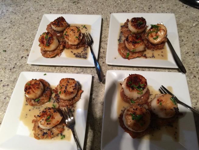 RidgeKerri's tweet photo. Scallops with Potato pancakes and Cavier Sauce...so delicious! #2015NYE http://t.co/kShKXmNFcf