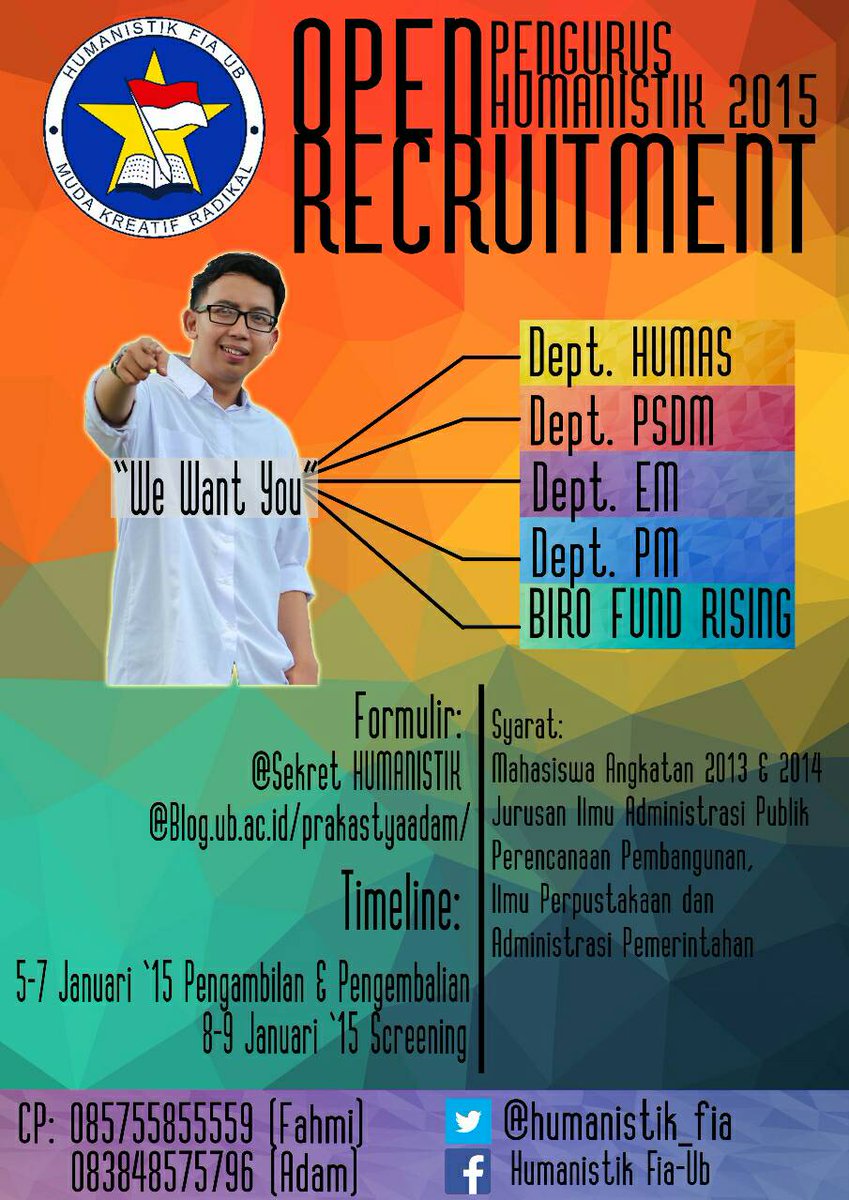 humanistik_fia's tweet photo. OPEN REQRUITMENT!! Pengurus HUMANISTIK 2015 | Jadilah bagian dari punggawa publik ! @BEMFIAUB @panglimafia http://t.co/rg26bgVqiQ