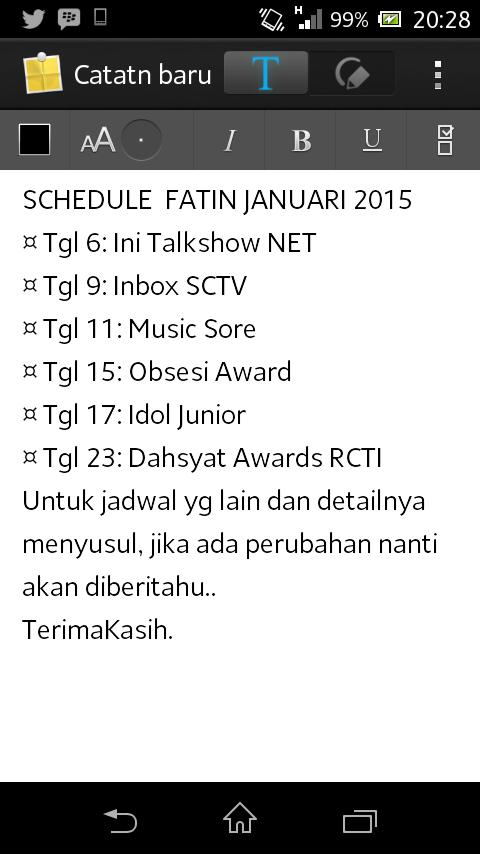 FatinisticPaluu's tweet photo. [INFO UPDATE] Schedule @FatinSL Bulan Januari 2015 by : @dianwidjil cek pict. (Info detail menyusul) http://t.co/blkAM7Tjb2