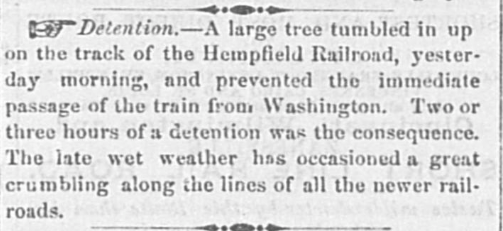 wheelinghistory's tweet photo. Large tree prevents passage on the Hempfield Railroad - WHG Daily Intelligencer, January 01, 1859 #wheelingtweets http://t.co/V8cLLOnxfC