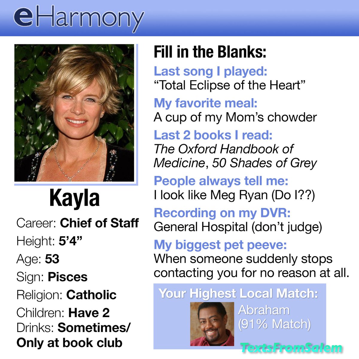TextsFromSalem's tweet image. Check out Kayla Brady's online dating profile #Days