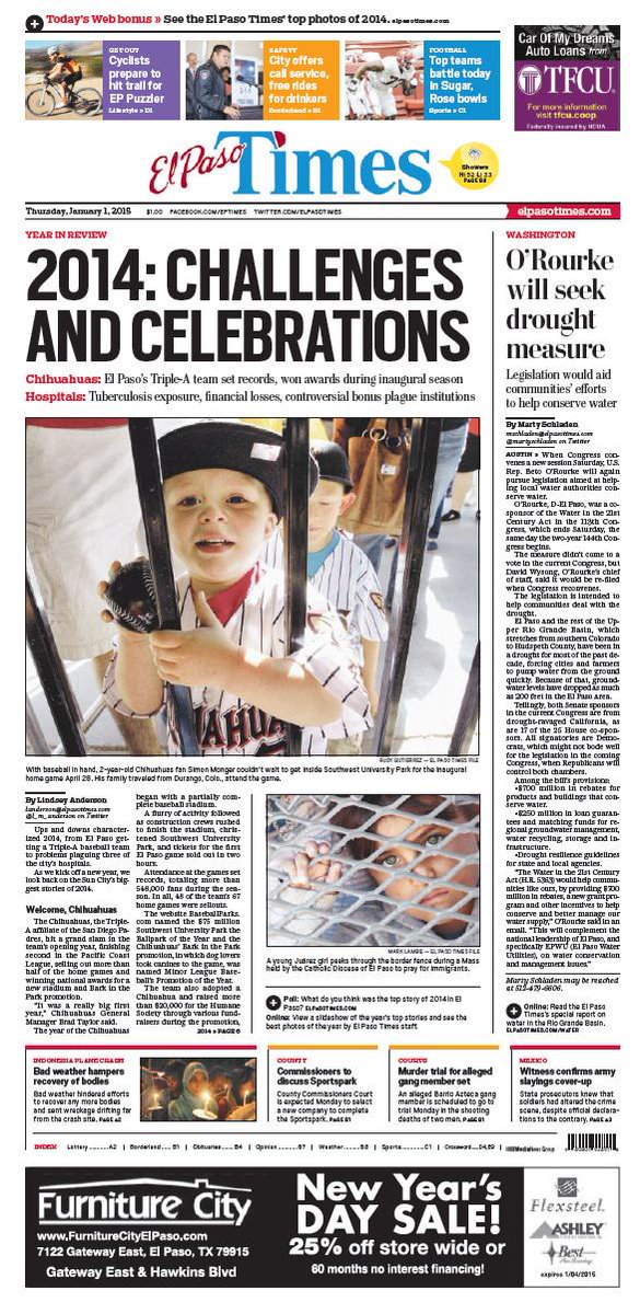 elpasotimes's tweet photo. Today's front page: #ElPaso 2014: A year of celebration, challenges: http://t.co/rOopn3JuQf #eptimes http://t.co/0HzWoJaBdl