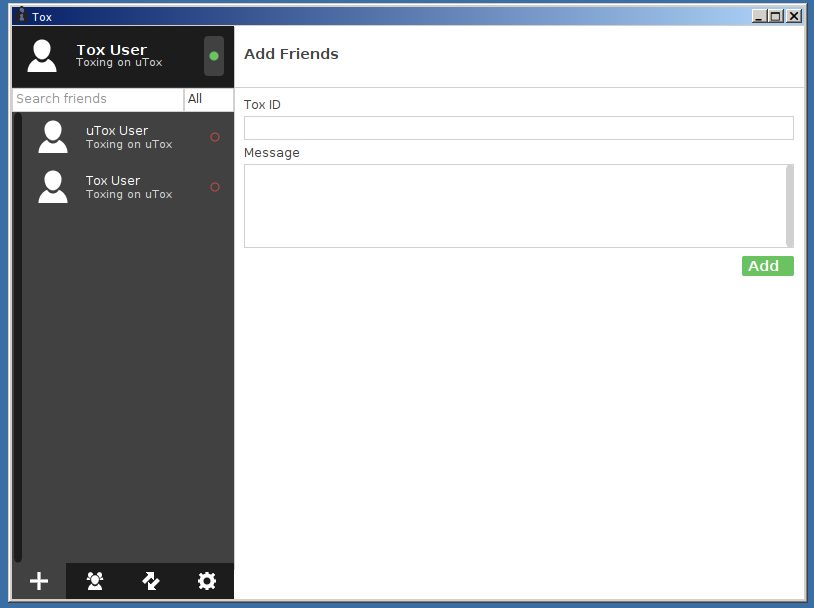 irungentoo's tweet photo. Found an old uTox windows binary and ran it. The screenshot of the newest version is for comparison. http://t.co/g68UN68lNS