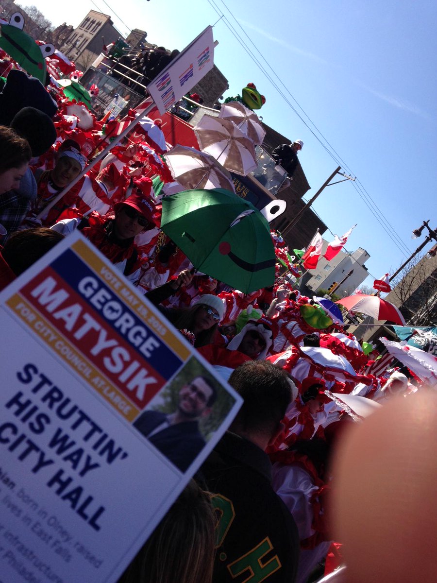 George_Matysik's tweet photo. Campaign highlight of #MummersParade ? Getting hit in the head with a peanut chew by a frog wench. #OnlyinPhilly http://t.co/bV6LG3kWNt