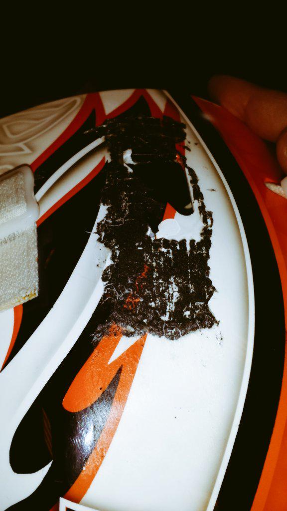 MikeyHildyEM's tweet image. The joys of post Spengler Cup...removing stickers 3 for goalie and 4 for players #notsimple #cantgetworse