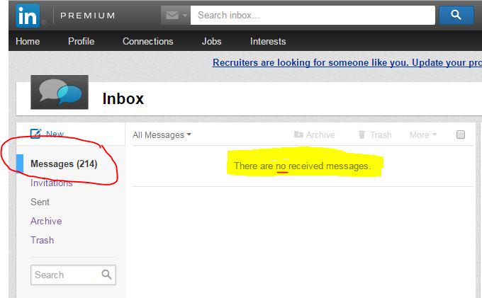 mysalestips's tweet photo. @LinkedInHelp Ticket 150101-001980 / LI Inbox Message Counter won't reset to zero? Hovers around 214. Please fix :) http://t.co/ge1Gt926GN