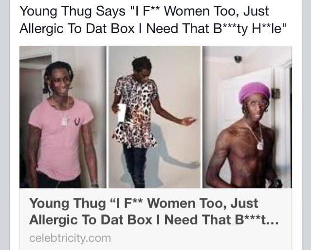 Young Thug Says "I F*** Women Too, I'm just Allergic to Dat Box, I Need That B**ty H**le" 👇👇
is.gd/dszyfj