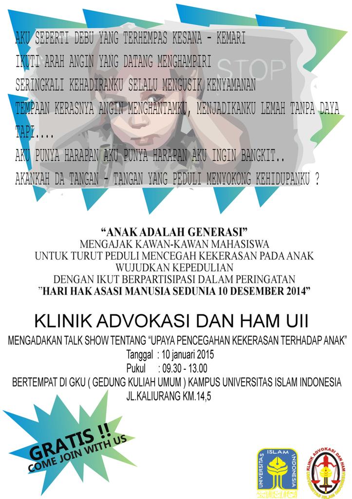 Mari bersama-sama kita suarakan "Stop Kekerasan Terhadap Anak" Cc <a href="/KAHAM_UII/">KAHAM UII</a> <a href="/MahasiswaFEUII/">Mahasiswa FE UII</a> <a href="/DPM_FEUII/">DPM FE UII</a> <a href="/FEUII_Futsal/">FutsalFEUII</a>