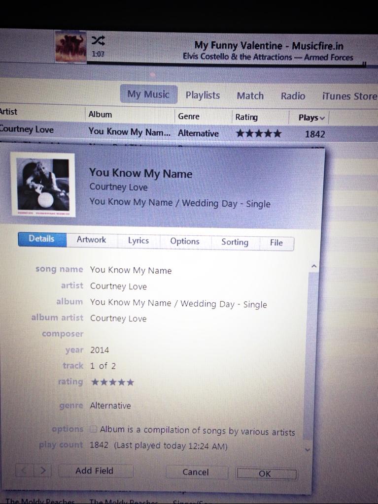 DWreckDick's tweet photo. Holy shit @iTunesMusic claims I've listened to @Courtney's #YouKnowMyName 1,842 times. #ibelieveit #punkrockicon http://t.co/44V28qdnm2