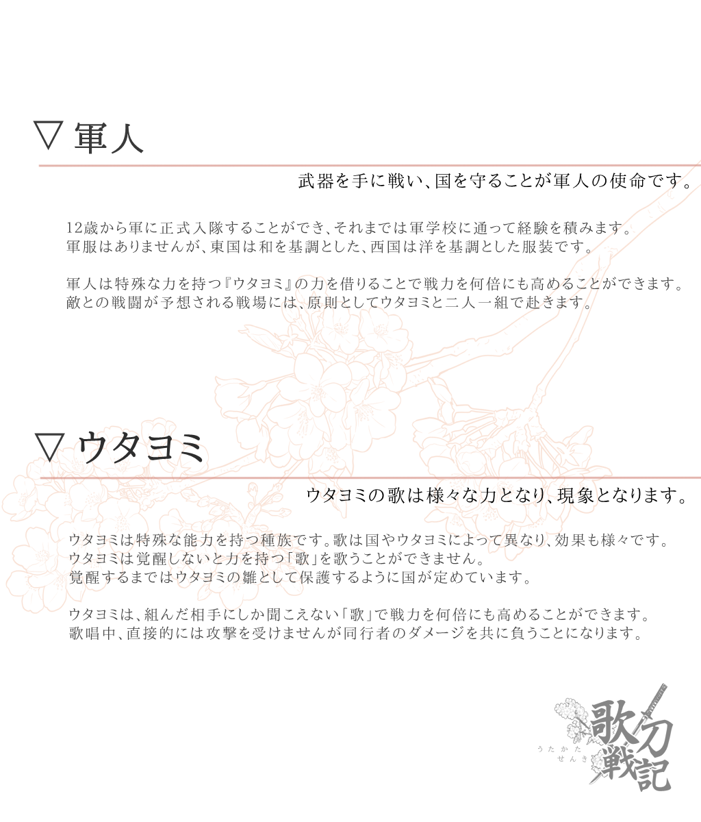 utakataTL's tweet photo. 【歌刀戦記×企画概要】 #歌刀戦記
武器を手に戦う「軍人」と、歌を力に変える「ウタヨミ」が共闘する、診断企画です。

軍人診断：http://t.co/jMlk1CvMff
ウタヨミ診断：http://t.co/hybe7naJrN http://t.co/uyRP9bRFaK